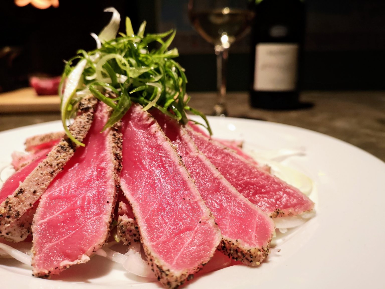 Seared Tuna Sashimi tossed with Angel Hair Spring Onions – recipe for