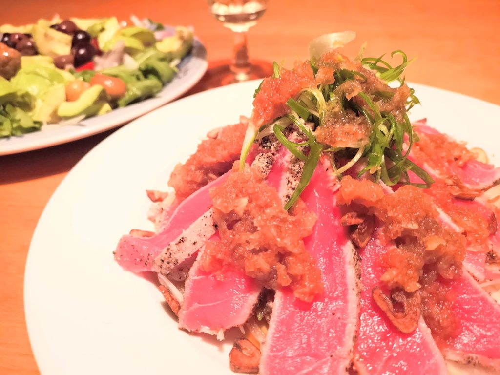 Seared Tuna Sashimi tossed with Angel Hair Green Onions - recipe for home party