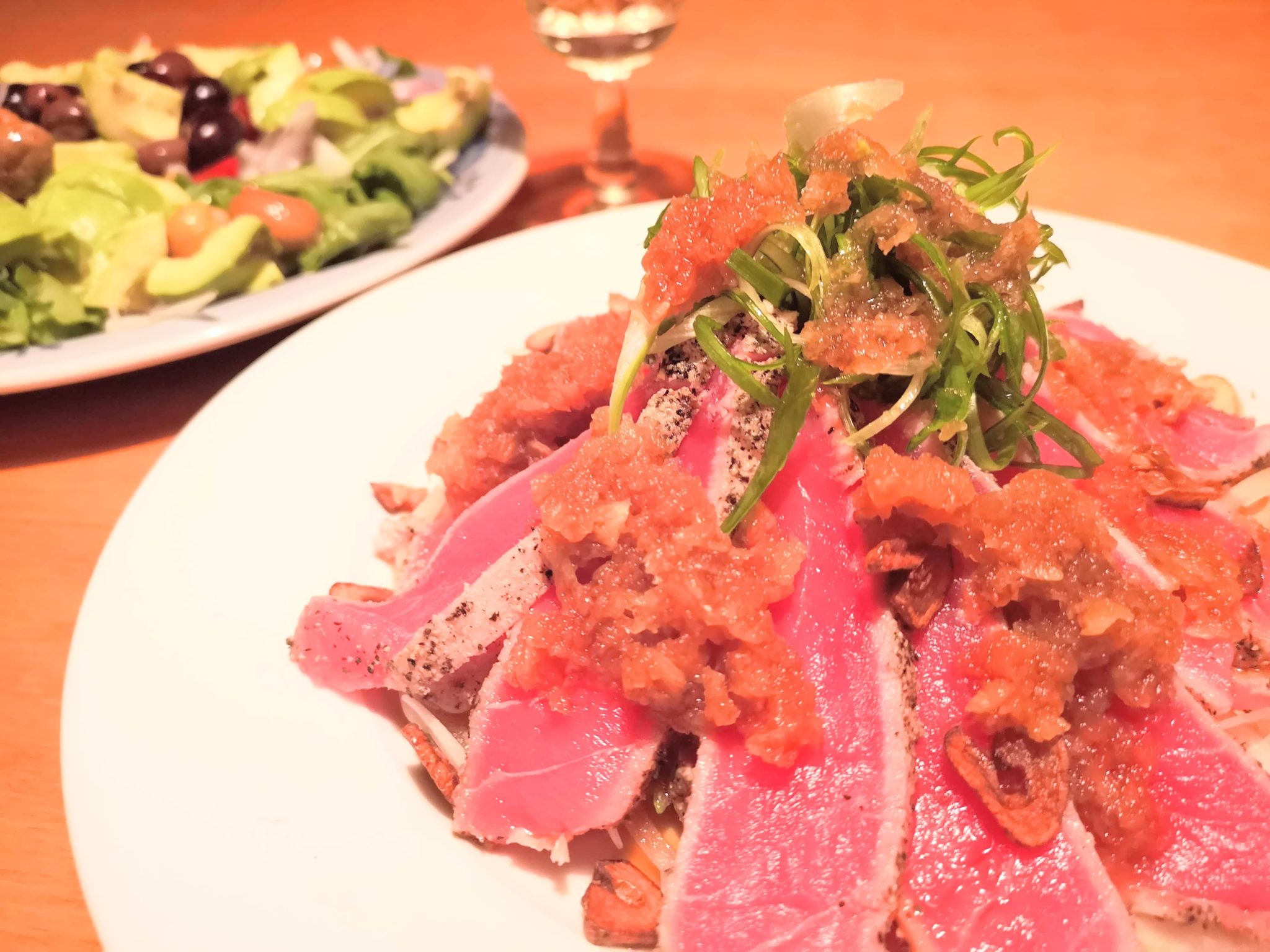 Seared Tuna Sashimi tossed with Angel Hair Spring Onions – recipe for